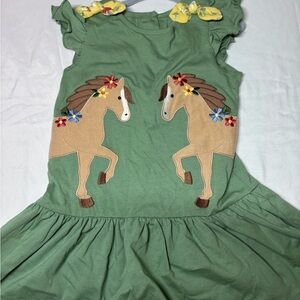 Green Kids Dress with Horse Appliqué